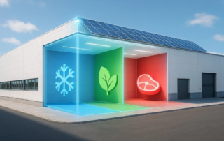 Modernes Lebensmittelproduktionsgebäude mit Solaranlage und virtuellem Overlay der farbcodierten Produktionszonen.