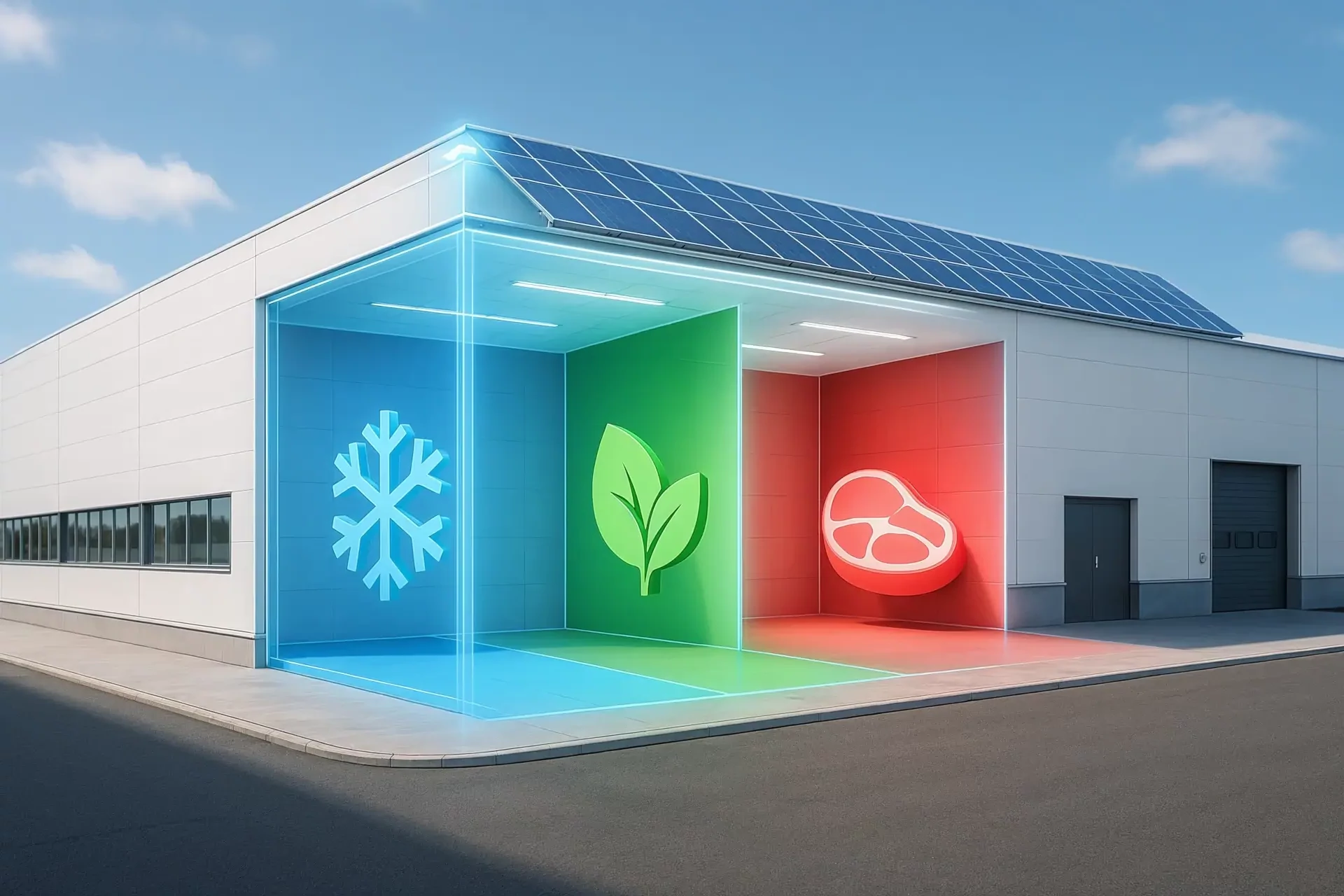 Modernes Lebensmittelproduktionsgebäude mit Solaranlage und virtuellem Overlay der farbcodierten Produktionszonen.